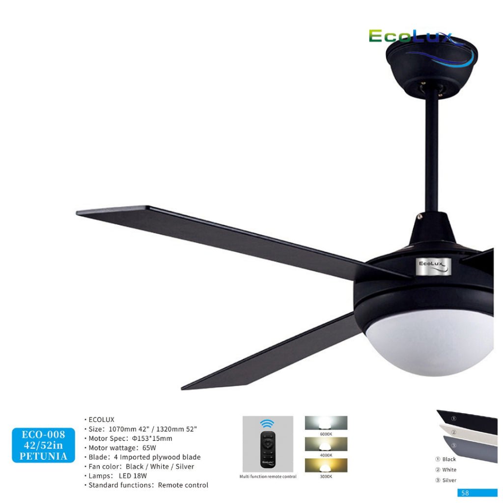 Kipas Lampu Gantung Ecolux PETUNIA 42 / 52 Inch | Ceiling Fan Lamp LED + Remote | Hemat Listrik | Desain Elegan Minimalis - RumahDekor.com