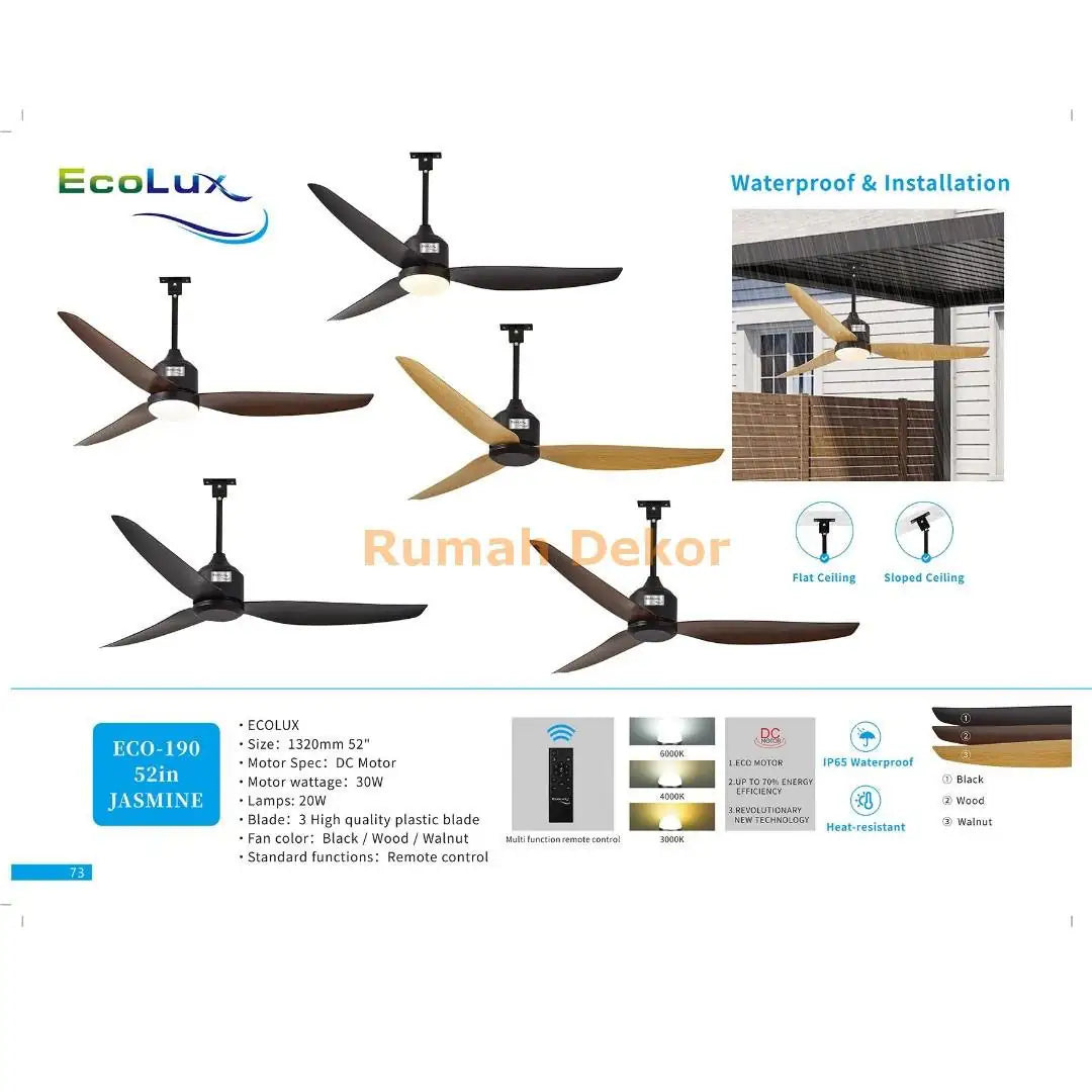 Kipas Plafon 52 Inch Ecolux Jasmine – DC Motor 30 Watt Super Hemat, Waterproof & Heat Resistant + Remote Control - RumahDekor.com
