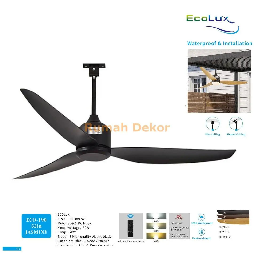 Kipas Plafon 52 Inch Ecolux Jasmine – DC Motor 30 Watt Super Hemat, Waterproof & Heat Resistant + Remote Control - RumahDekor.com