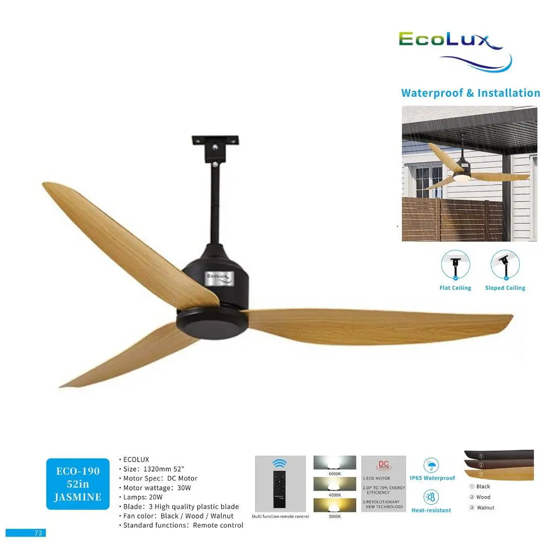 Kipas Plafon 52 Inch Ecolux Jasmine – DC Motor 30 Watt Super Hemat, Waterproof & Heat Resistant + Remote Control - RumahDekor.com