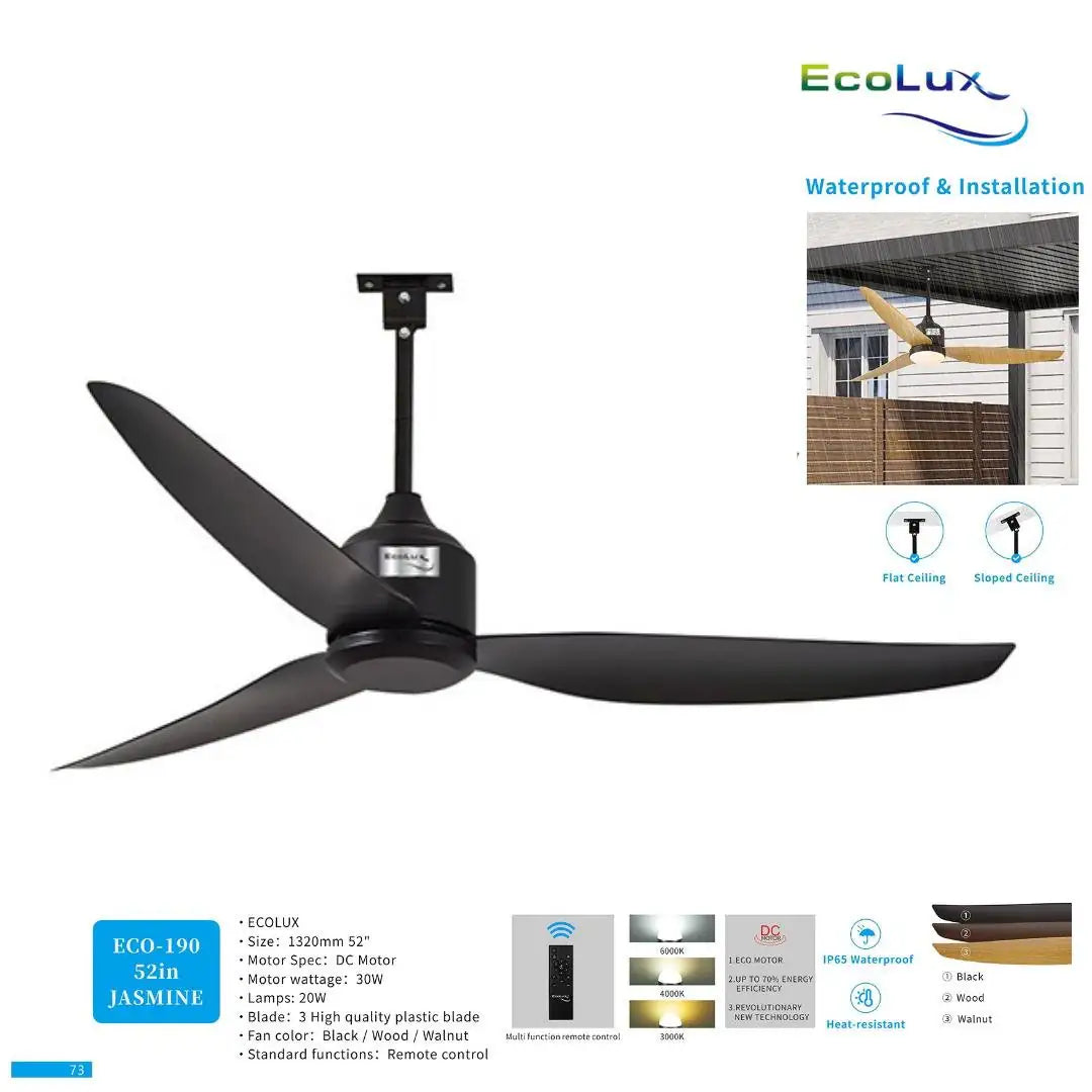Kipas Plafon 52 Inch Ecolux Jasmine – DC Motor 30 Watt Super Hemat, Waterproof & Heat Resistant + Remote Control - RumahDekor.com