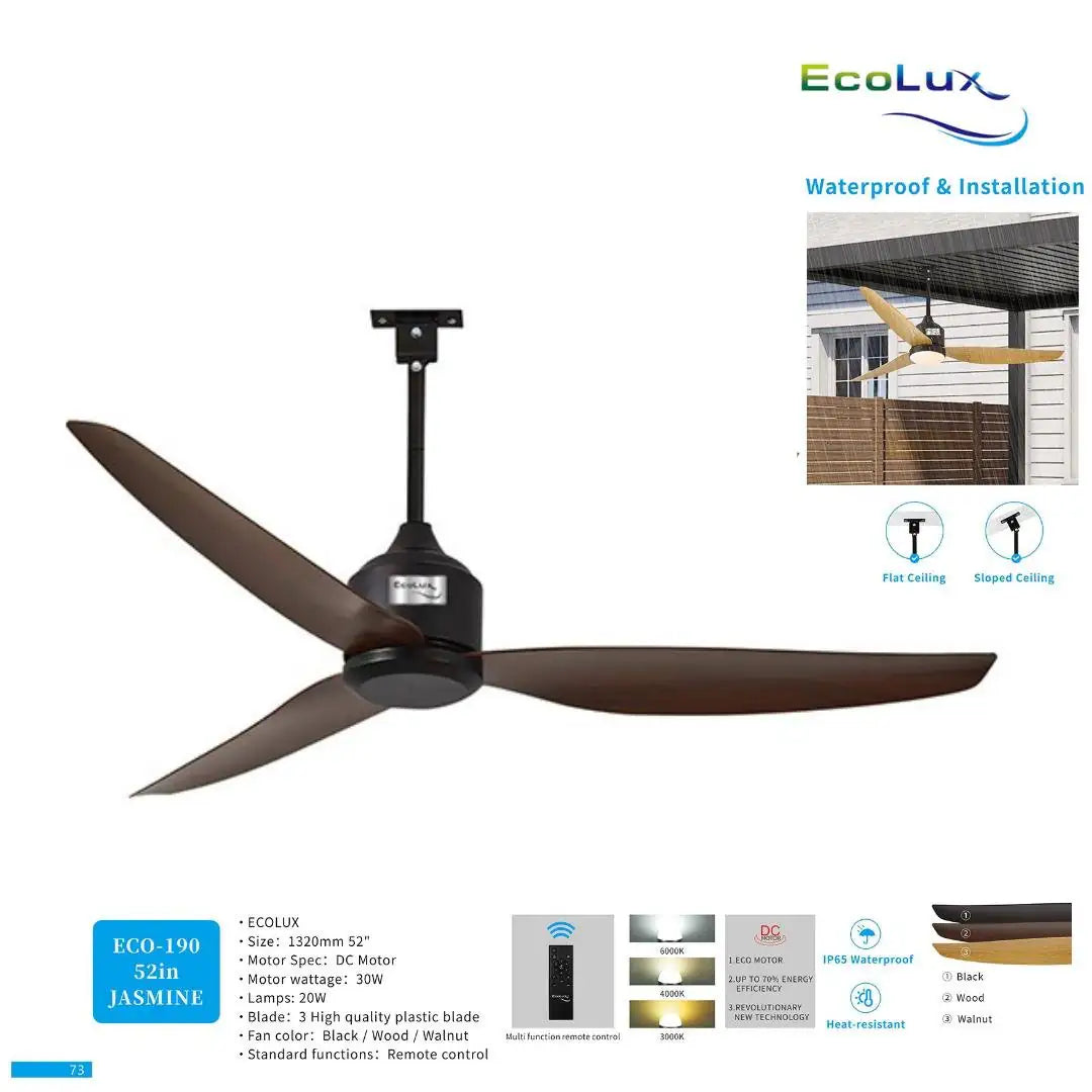 Kipas Plafon 52 Inch Ecolux Jasmine – DC Motor 30 Watt Super Hemat, Waterproof & Heat Resistant + Remote Control - RumahDekor.com