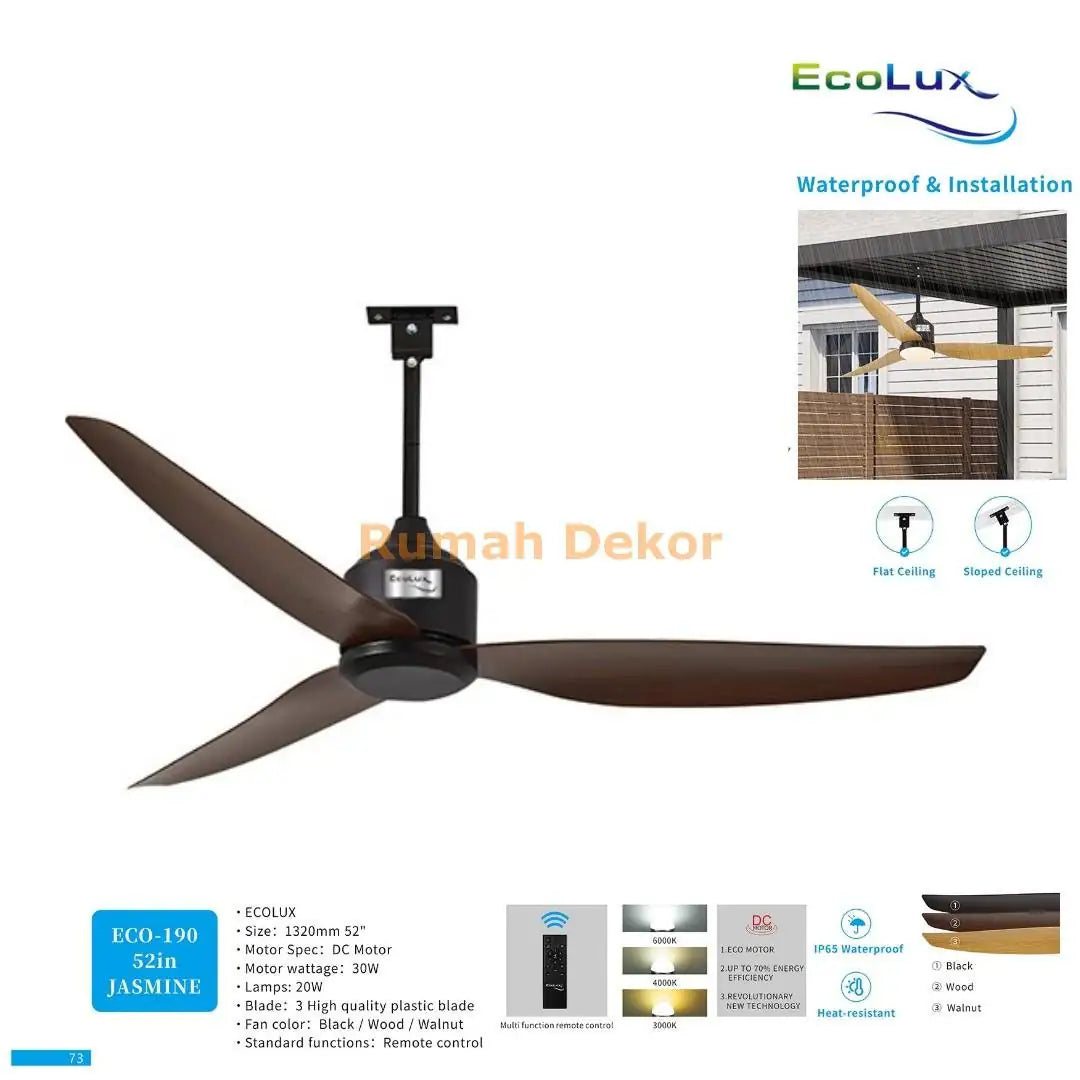 Kipas Plafon 52 Inch Ecolux Jasmine – DC Motor 30 Watt Super Hemat, Waterproof & Heat Resistant + Remote Control - RumahDekor.com