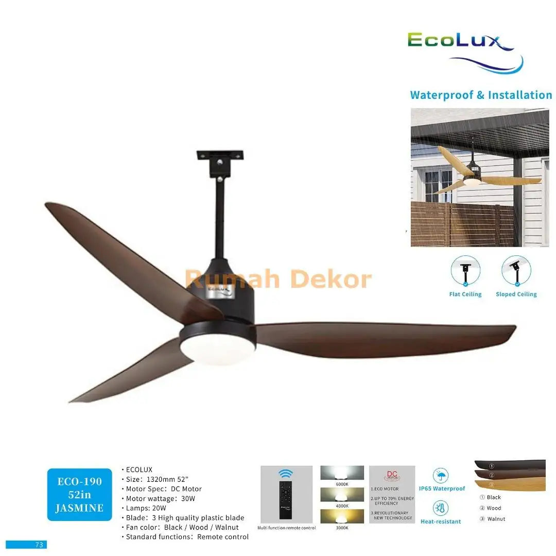Kipas Plafon 52 Inch Ecolux Jasmine – DC Motor 30 Watt Super Hemat, Waterproof & Heat Resistant + Remote Control - RumahDekor.com