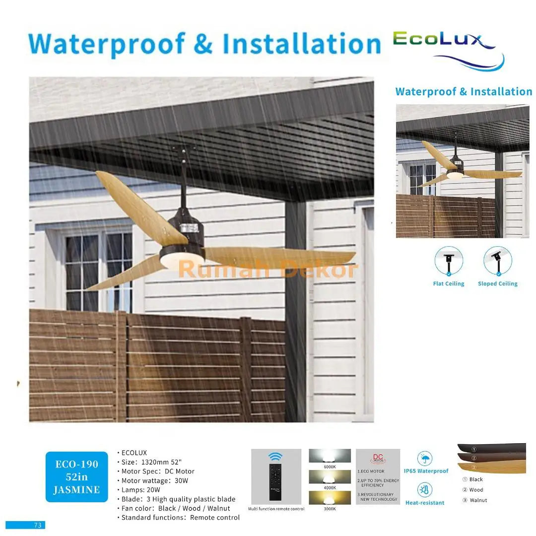 Kipas Plafon 52 Inch Ecolux Jasmine – DC Motor 30 Watt Super Hemat, Waterproof & Heat Resistant + Remote Control - RumahDekor.com