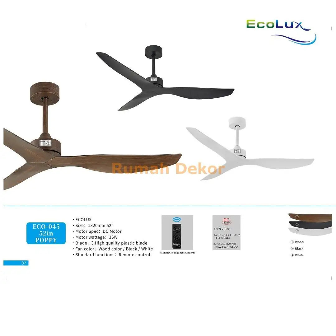 Kipas Plafon Ecolux 52 Inch POPPY Motor DC – Ceiling Fan Hemat Listrik & Senyap | Black White Wood - RumahDekor.com