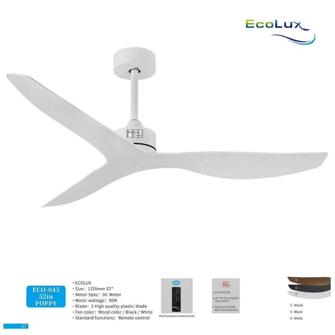 Kipas Plafon Ecolux 52 Inch POPPY Motor DC – Ceiling Fan Hemat Listrik & Senyap | Black White Wood - RumahDekor.com