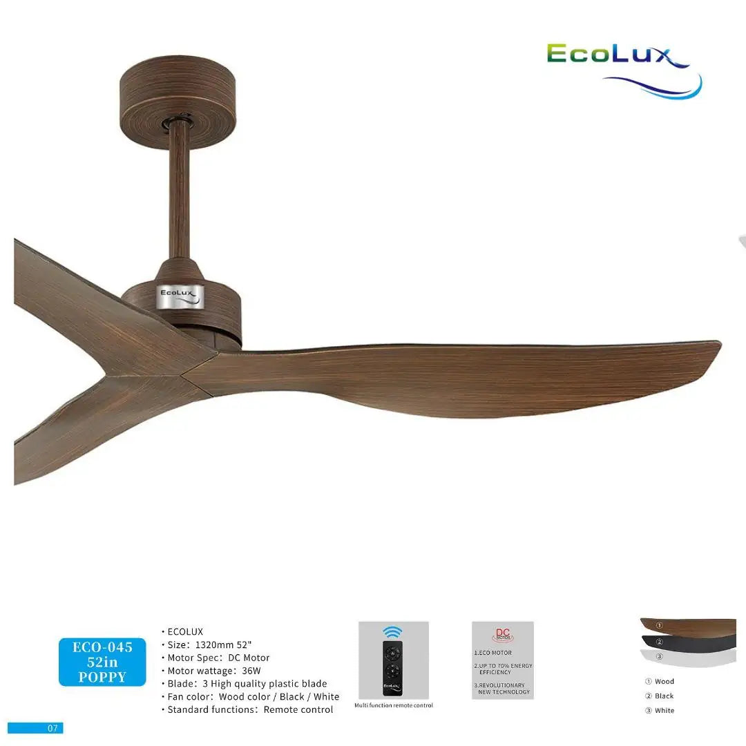 Kipas Plafon Ecolux 52 Inch POPPY Motor DC – Ceiling Fan Hemat Listrik & Senyap | Black White Wood - RumahDekor.com