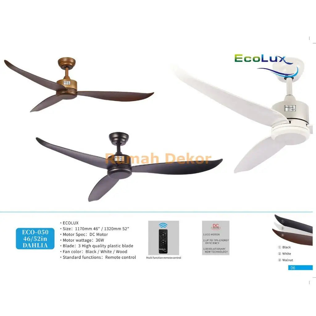 Kipas Plafon Ecolux DAHLIA 46 / 52 Inch – Motor Full Tembaga, Angin Kencang, Suara Halus, Hemat Daya - RumahDekor.com