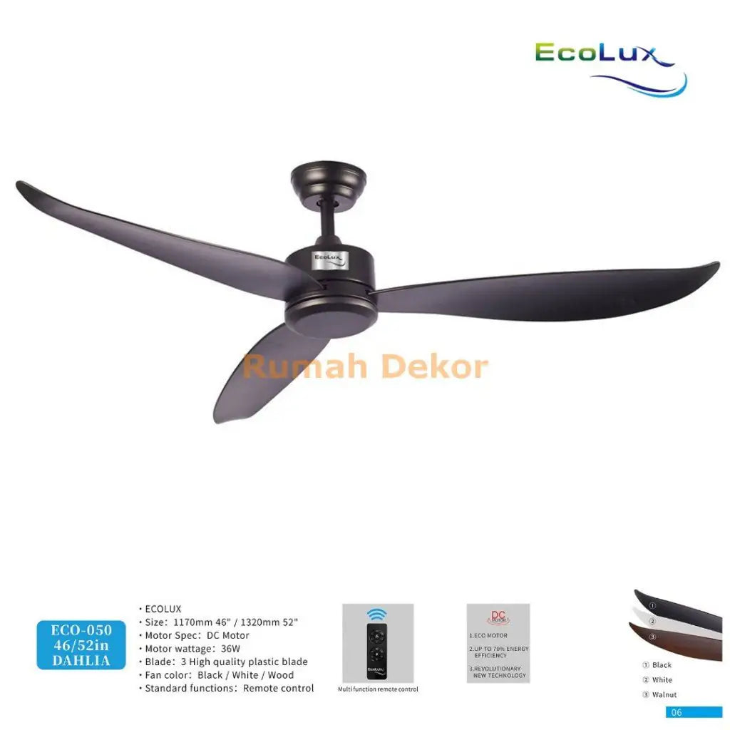 Kipas Plafon Ecolux DAHLIA 46 / 52 Inch – Motor Full Tembaga, Angin Kencang, Suara Halus, Hemat Daya - RumahDekor.com