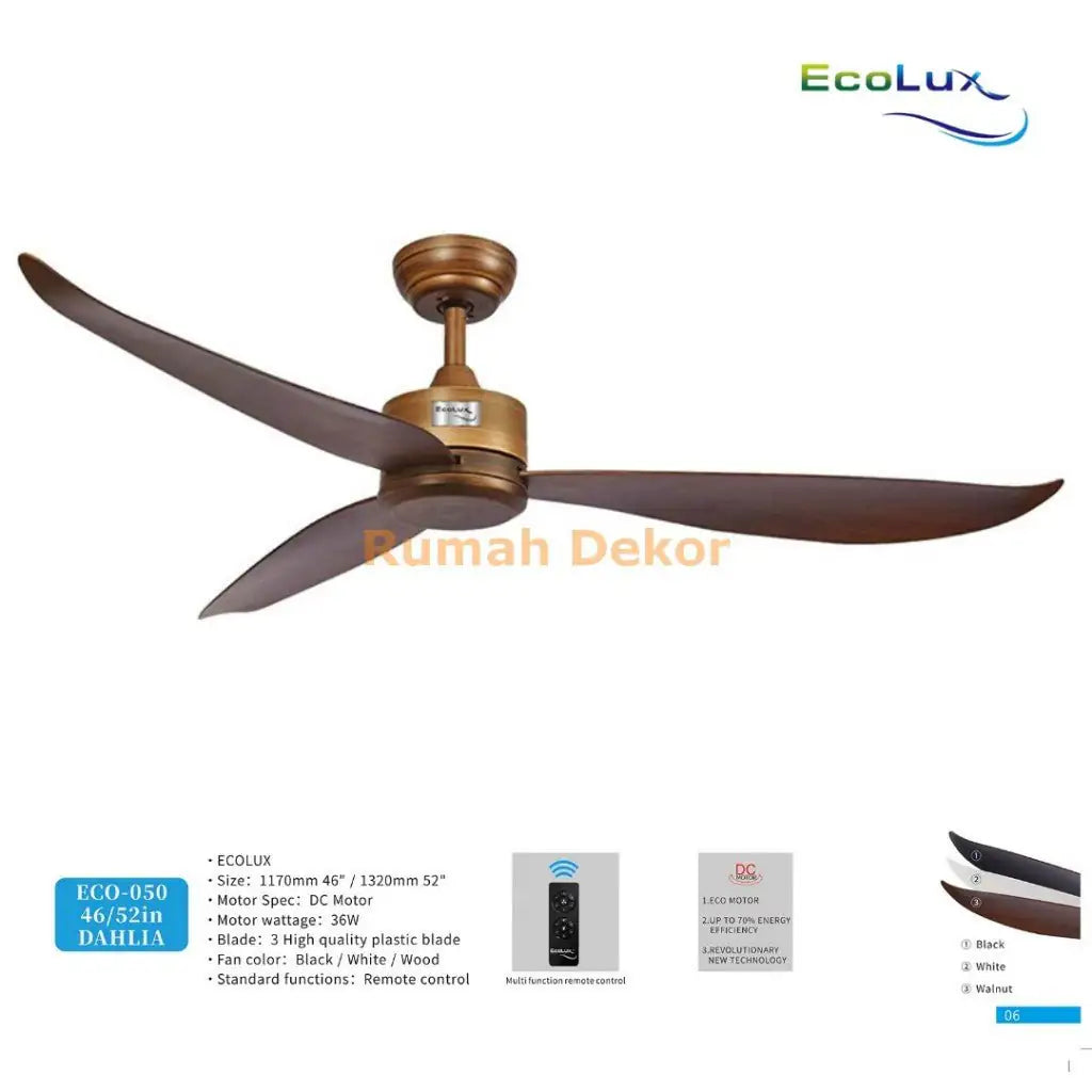 Kipas Plafon Ecolux DAHLIA 46 / 52 Inch – Motor Full Tembaga, Angin Kencang, Suara Halus, Hemat Daya - RumahDekor.com