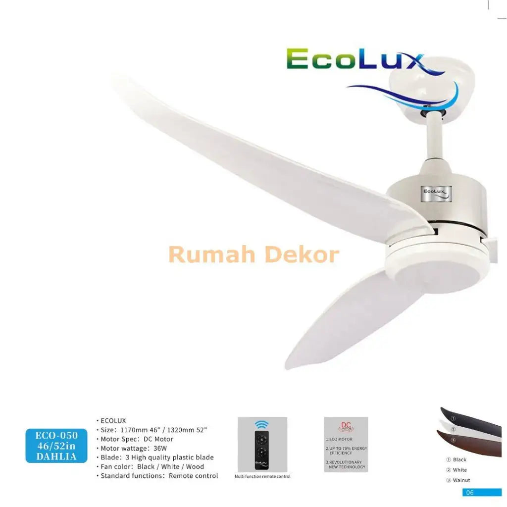 Kipas Plafon Ecolux DAHLIA 46 / 52 Inch – Motor Full Tembaga, Angin Kencang, Suara Halus, Hemat Daya - RumahDekor.com