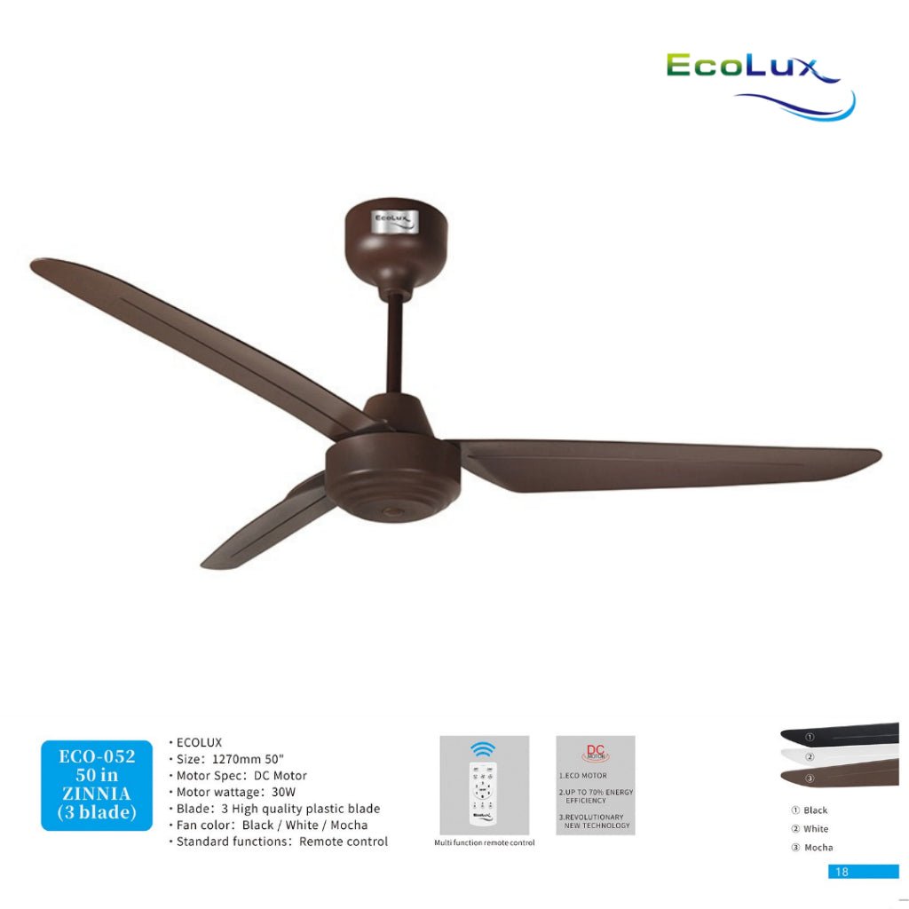 Kipas Plafon Ecolux Zinnia 50 Inch | 3 Baling Motor DC + Remote Control | Black / White / Mocha - RumahDekor.com