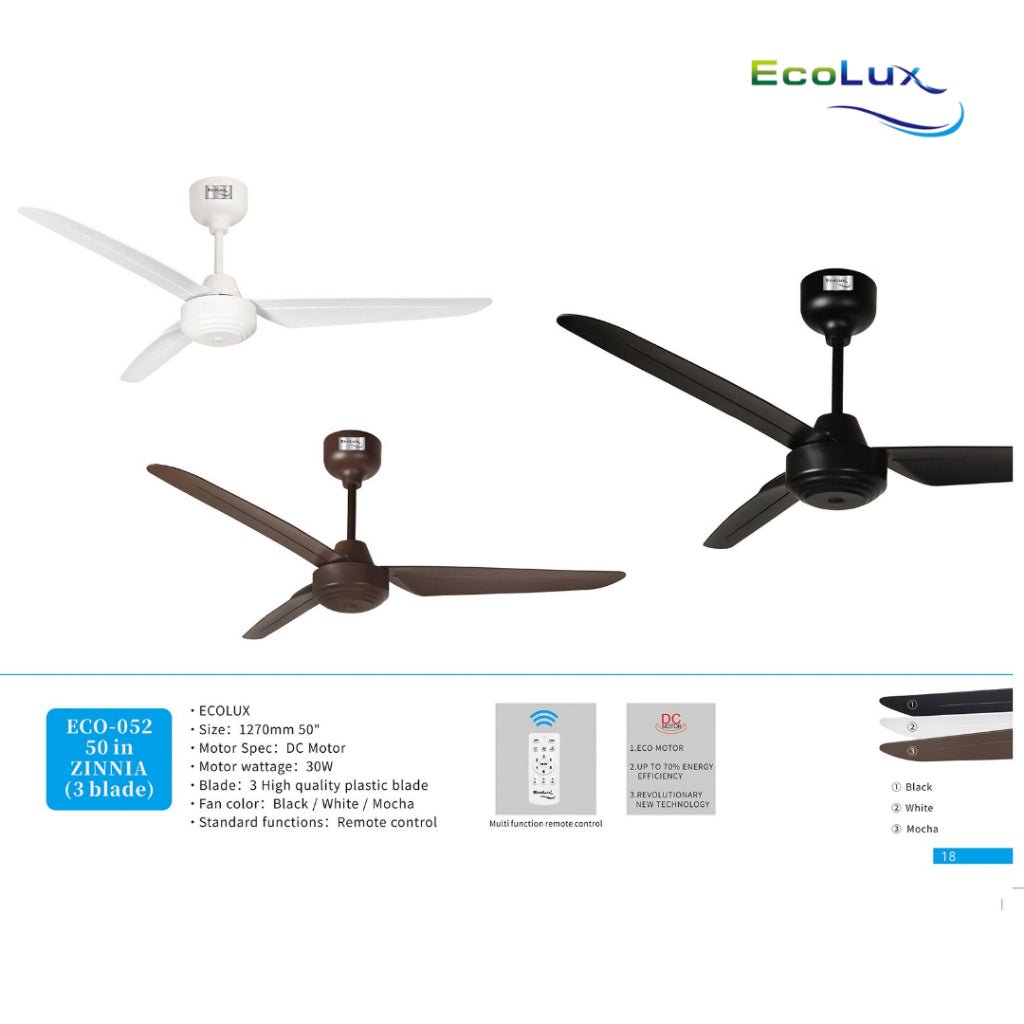 Kipas Plafon Ecolux Zinnia 50 Inch | 3 Baling Motor DC + Remote Control | Black / White / Mocha - RumahDekor.com