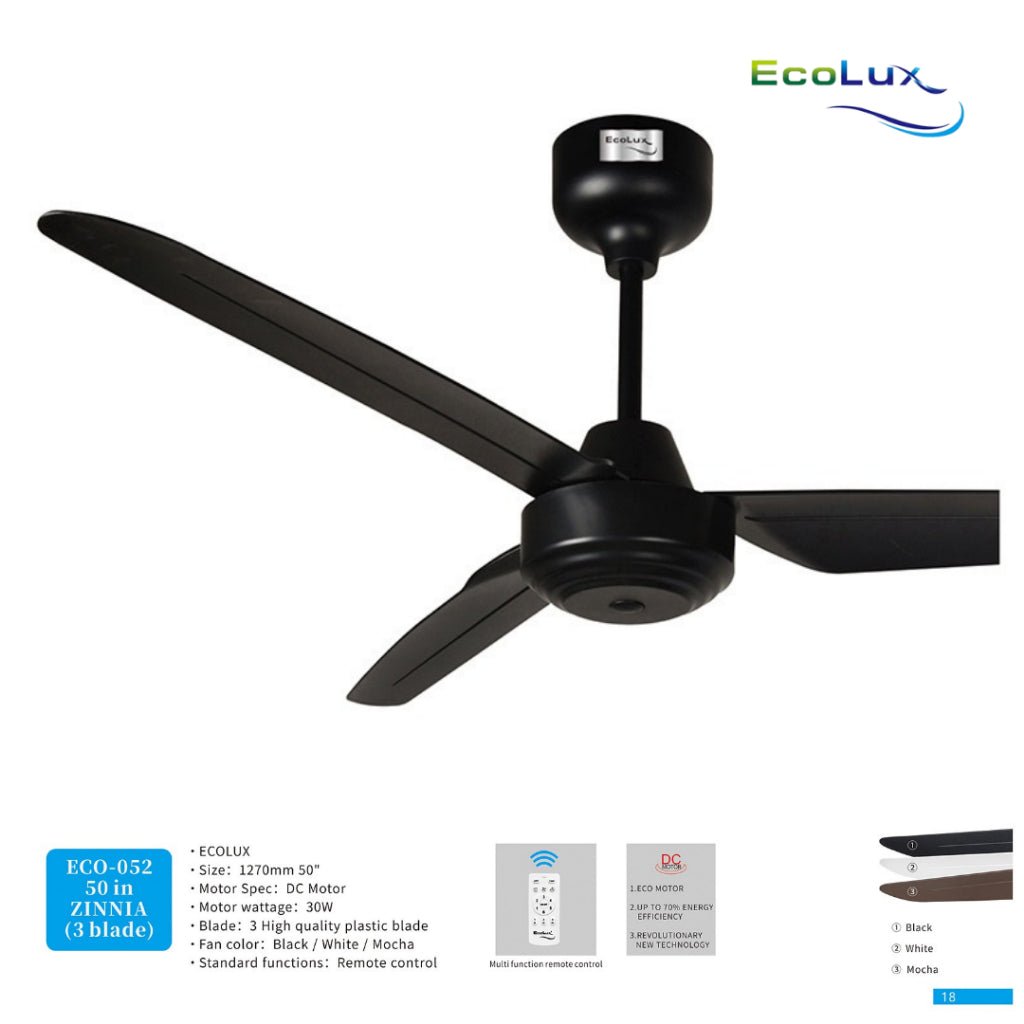 Kipas Plafon Ecolux Zinnia 50 Inch | 3 Baling Motor DC + Remote Control | Black / White / Mocha - RumahDekor.com