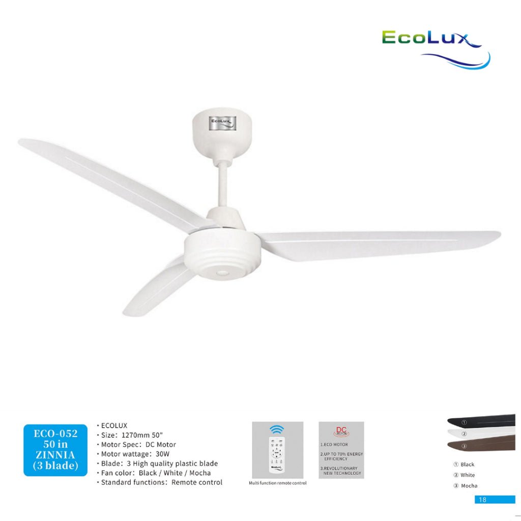 Kipas Plafon Ecolux Zinnia 50 Inch | 3 Baling Motor DC + Remote Control | Black / White / Mocha - RumahDekor.com